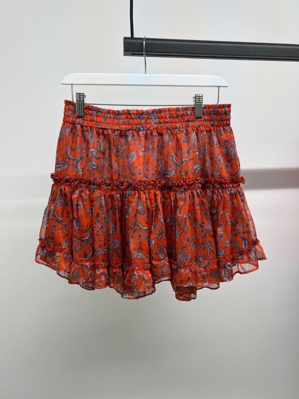 Misa Los Angeles Orange Paisley Ruffle Mini Skirt